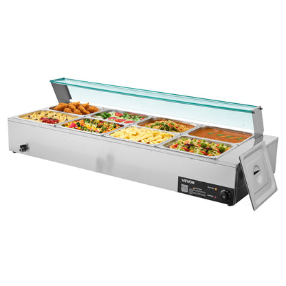 Gewerblicher Speisenwärmer, 1700 W, elektrischer Edelstahl-Dampfgarer mit Glasdeckel, 8-teiliges Tisch-Bain-Marie mit Suppenlöffeln und perforierten Schöpfkellen, für Catering, Restaurants und Partys