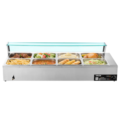 Gewerblicher Speisenwärmer, 1700 W, elektrischer Edelstahl-Dampfgarer mit Glasdeckel, 8-teiliges Tisch-Bain-Marie mit Suppenlöffeln und perforierten Schöpfkellen, für Catering, Restaurants und Partys