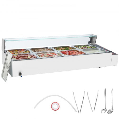 8-Pan Commercial Food Warmer, 8 x 8QT Electric Steam Table with Glass Cover, 1700W Countertop Stainless Steel Buffet Bain Marie 86-185°F Temp Control for Catering, Restaurants, Silver