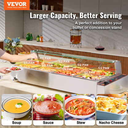 8-Pan Commercial Food Warmer, 8 x 8QT Electric Steam Table with Glass Cover, 1700W Countertop Stainless Steel Buffet Bain Marie 86-185°F Temp Control for Catering, Restaurants, Silver