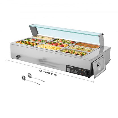 Gewerblicher Speisenwärmer, 1500 W elektrischer Edelstahl-Dampfgarer mit Glasdeckel, 9-teiliges Tisch-Bain-Marie mit Suppenlöffeln und perforierten Schöpfkellen, für Catering, Restaurants und Partys