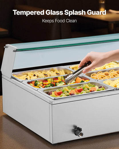 Gewerblicher Speisenwärmer, 1500 W elektrischer Edelstahl-Dampfgarer mit Glasdeckel, 9-teiliges Tisch-Bain-Marie mit Suppenlöffeln und perforierten Schöpfkellen, für Catering, Restaurants und Partys