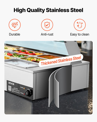 Gewerblicher Speisenwärmer, 1500 W elektrischer Edelstahl-Dampfgarer mit Glasdeckel, 9-teiliges Tisch-Bain-Marie mit Suppenlöffeln und perforierten Schöpfkellen, für Catering, Restaurants und Partys
