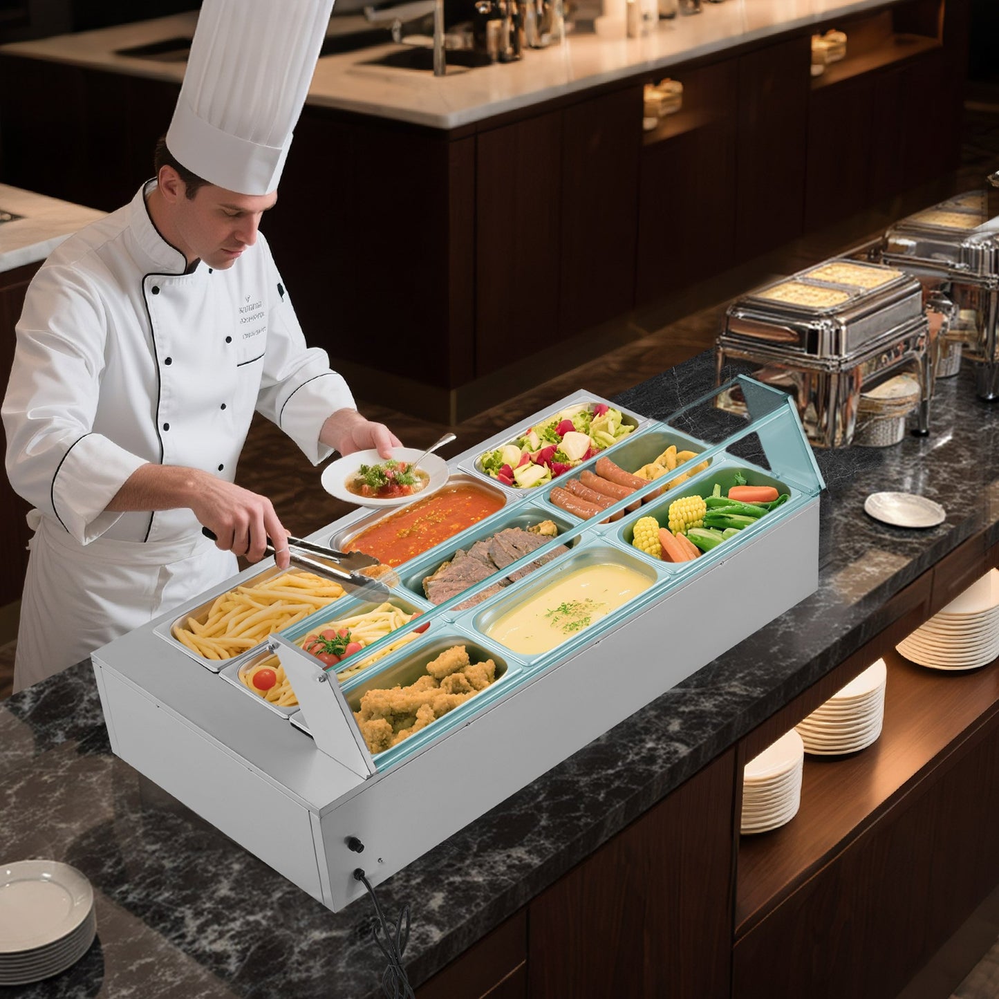 Gewerblicher Speisenwärmer, 1500 W elektrischer Edelstahl-Dampfgarer mit Glasdeckel, 9-teiliges Tisch-Bain-Marie mit Suppenlöffeln und perforierten Schöpfkellen, für Catering, Restaurants und Partys