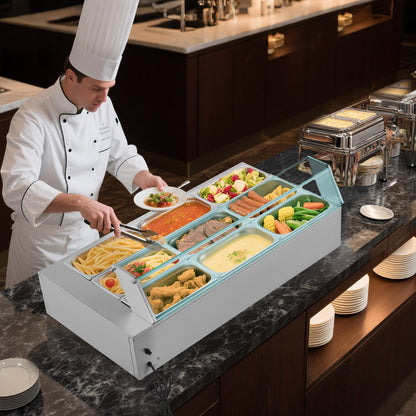 Gewerblicher Speisenwärmer, 1500 W elektrischer Edelstahl-Dampfgarer mit Glasdeckel, 9-teiliges Tisch-Bain-Marie mit Suppenlöffeln und perforierten Schöpfkellen, für Catering, Restaurants und Partys