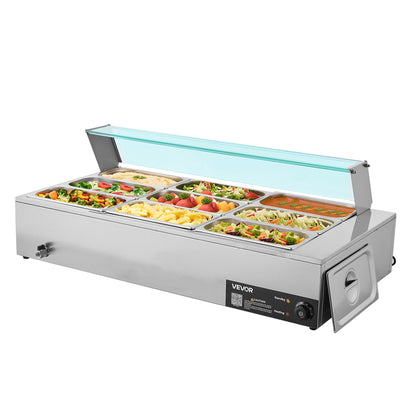 Gewerblicher Speisenwärmer, 1500 W elektrischer Edelstahl-Dampfgarer mit Glasdeckel, 9-teiliges Tisch-Bain-Marie mit Suppenlöffeln und perforierten Schöpfkellen, für Catering, Restaurants und Partys