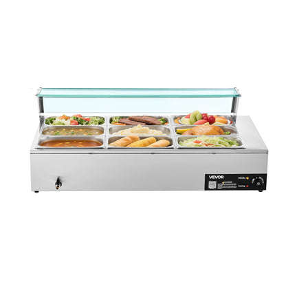 Gewerblicher Speisenwärmer, 1500 W elektrischer Edelstahl-Dampfgarer mit Glasdeckel, 9-teiliges Tisch-Bain-Marie mit Suppenlöffeln und perforierten Schöpfkellen, für Catering, Restaurants und Partys