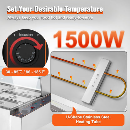 9-Pan Commercial Food Warmer, 9 x 5QT Electric Steam Table with Glass Cover, 1500W Countertop Stainless Steel Buffet Bain Marie 86-185°F Temp Control for Catering, Restaurants, Silver