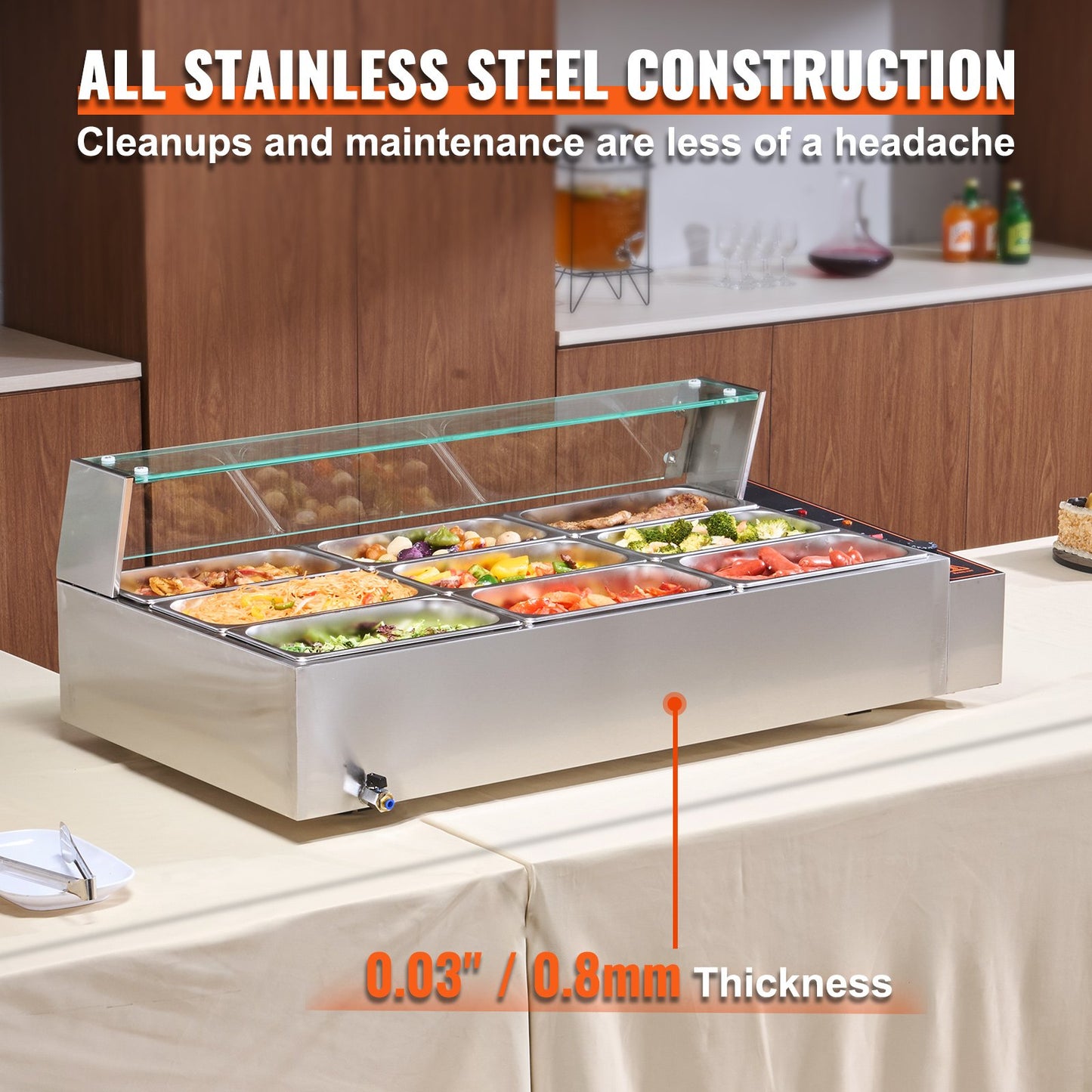 9-Pan Commercial Food Warmer, 9 x 5QT Electric Steam Table with Glass Cover, 1500W Countertop Stainless Steel Buffet Bain Marie 86-185°F Temp Control for Catering, Restaurants, Silver