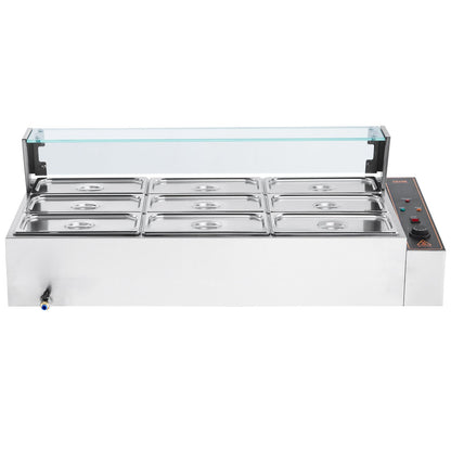 9-Pan Commercial Food Warmer, 9 x 5QT Electric Steam Table with Glass Cover, 1500W Countertop Stainless Steel Buffet Bain Marie 86-185°F Temp Control for Catering, Restaurants, Silver