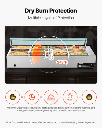 Commercial Food Warmer, 1700W Electric Stainless Steel Steam Food Warmer with Glass Cover, 12-Pan Countertop Buffet Bain Marie with Soup & Perforated Ladles, for Catering, Restaurant & Party