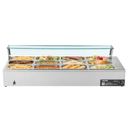 Commercial Food Warmer, 1700W Electric Stainless Steel Steam Food Warmer with Glass Cover, 12-Pan Countertop Buffet Bain Marie with Soup & Perforated Ladles, for Catering, Restaurant & Party