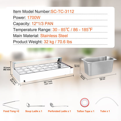 12-Pan Commercial Food Warmer, 12 x 5QT Electric Steam Table with Glass Cover, 1700W Countertop Stainless Steel Buffet Bain Marie 86-185°F Temp Control for Catering, Restaurants, Silver