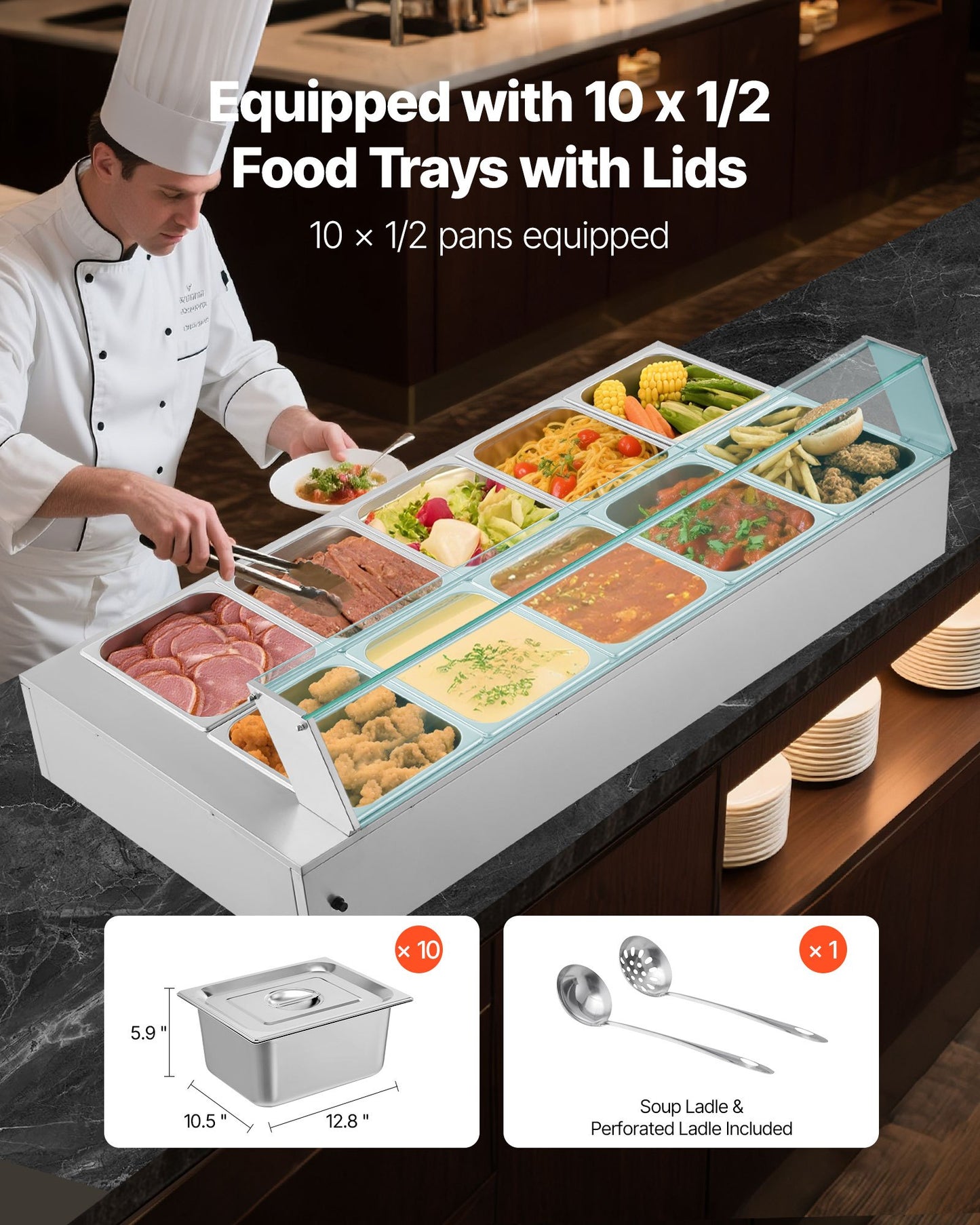 Commercial Food Warmer, 1700W Electric Stainless Steel Steam Food Warmer with Glass Cover, 10-Pan Countertop Buffet Bain Marie with Soup & Perforated Ladles, for Catering, Restaurant & Party