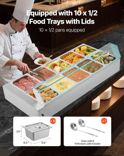 Commercial Food Warmer, 1700W Electric Stainless Steel Steam Food Warmer with Glass Cover, 10-Pan Countertop Buffet Bain Marie with Soup & Perforated Ladles, for Catering, Restaurant & Party
