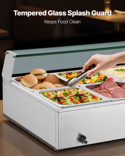 Commercial Food Warmer, 1700W Electric Stainless Steel Steam Food Warmer with Glass Cover, 10-Pan Countertop Buffet Bain Marie with Soup & Perforated Ladles, for Catering, Restaurant & Party