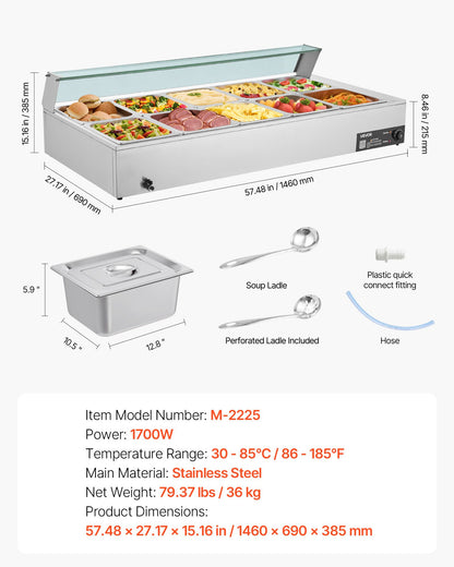 Commercial Food Warmer, 1700W Electric Stainless Steel Steam Food Warmer with Glass Cover, 10-Pan Countertop Buffet Bain Marie with Soup & Perforated Ladles, for Catering, Restaurant & Party