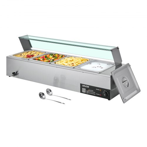 Gewerblicher Speisenwärmer, 1500 W, elektrischer Edelstahl-Dampfgarer mit Glasdeckel, 4-Behälter-Buffet-Bain-Marie für die Arbeitsplatte mit Suppenlöffeln und perforierten Schöpfkellen, für Catering, Restaurants und Partys