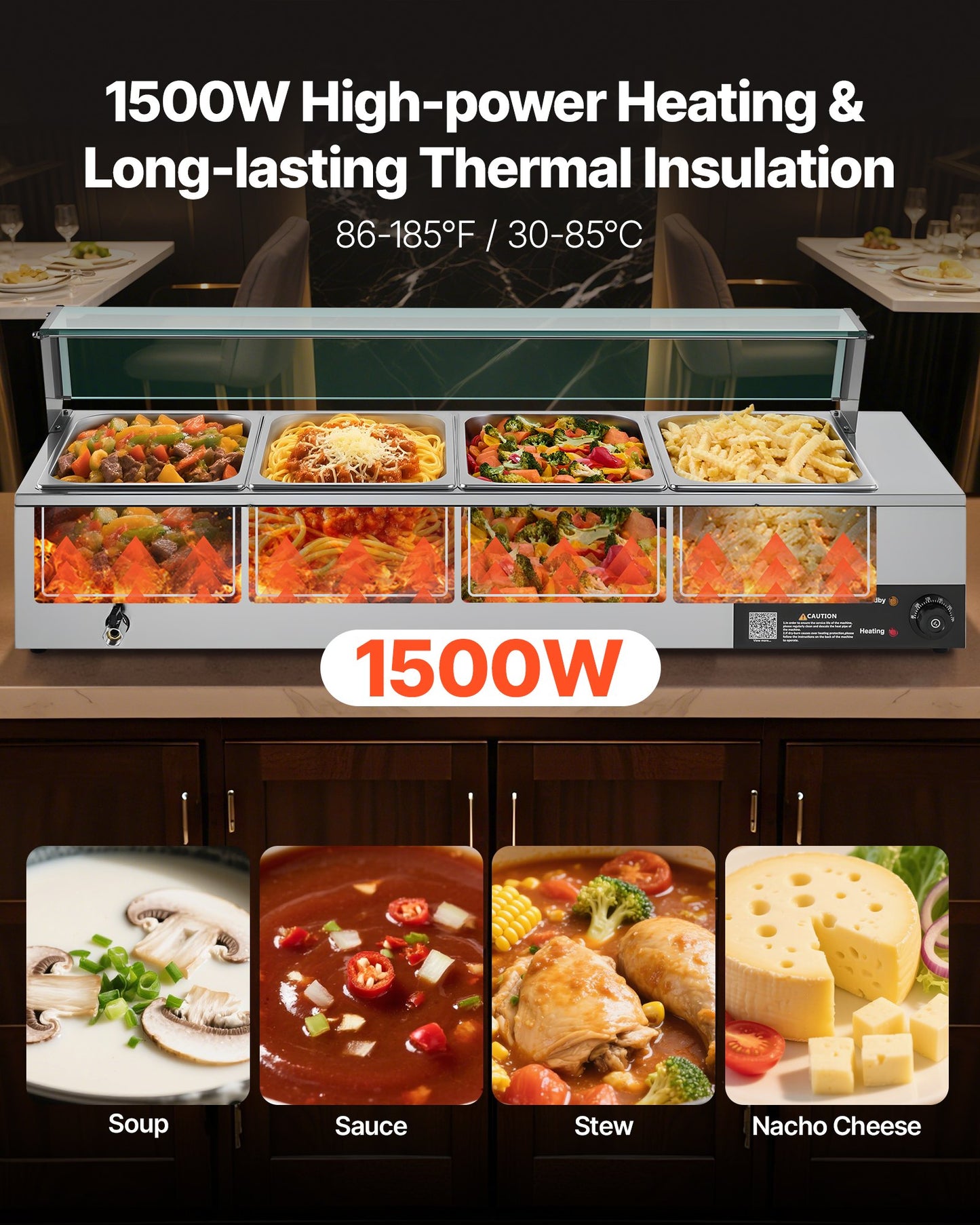 Gewerblicher Speisenwärmer, 1500 W, elektrischer Edelstahl-Dampfgarer mit Glasdeckel, 4-Behälter-Buffet-Bain-Marie für die Arbeitsplatte mit Suppenlöffeln und perforierten Schöpfkellen, für Catering, Restaurants und Partys