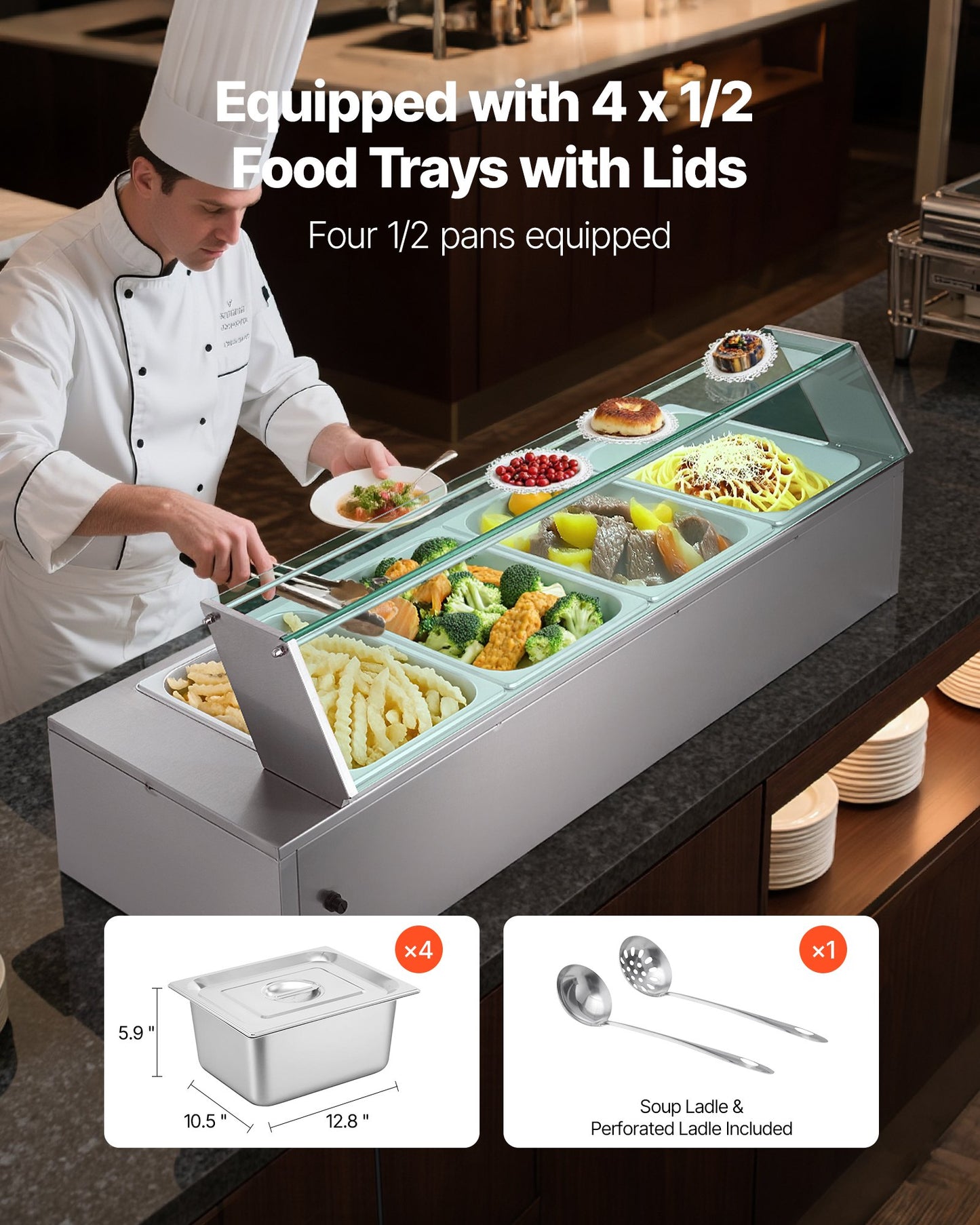 Gewerblicher Speisenwärmer, 1500 W, elektrischer Edelstahl-Dampfgarer mit Glasdeckel, 4-Behälter-Buffet-Bain-Marie für die Arbeitsplatte mit Suppenlöffeln und perforierten Schöpfkellen, für Catering, Restaurants und Partys