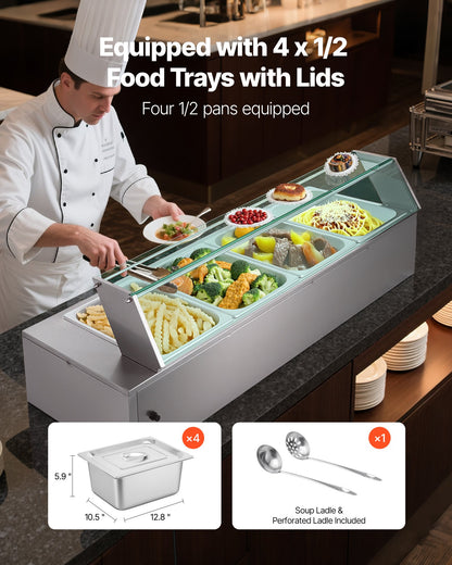 Gewerblicher Speisenwärmer, 1500 W, elektrischer Edelstahl-Dampfgarer mit Glasdeckel, 4-Behälter-Buffet-Bain-Marie für die Arbeitsplatte mit Suppenlöffeln und perforierten Schöpfkellen, für Catering, Restaurants und Partys
