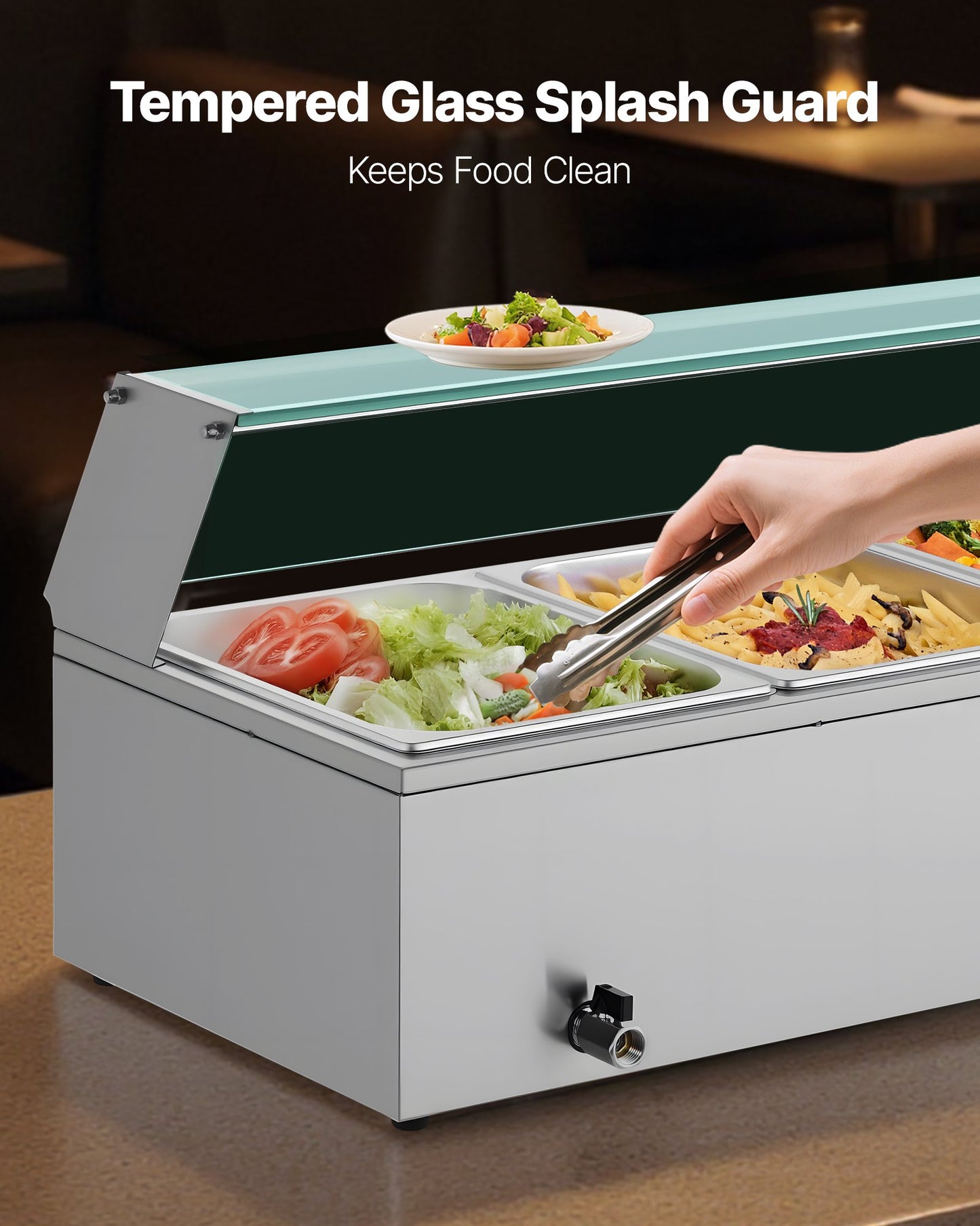 Gewerblicher Speisenwärmer, 1500 W, elektrischer Edelstahl-Dampfgarer mit Glasdeckel, 4-Behälter-Buffet-Bain-Marie für die Arbeitsplatte mit Suppenlöffeln und perforierten Schöpfkellen, für Catering, Restaurants und Partys