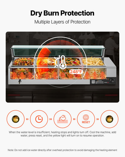Gewerblicher Speisenwärmer, 1500 W, elektrischer Edelstahl-Dampfgarer mit Glasdeckel, 4-Behälter-Buffet-Bain-Marie für die Arbeitsplatte mit Suppenlöffeln und perforierten Schöpfkellen, für Catering, Restaurants und Partys