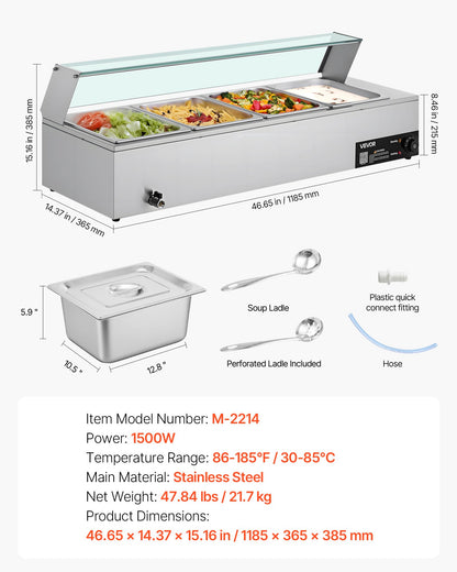 Gewerblicher Speisenwärmer, 1500 W, elektrischer Edelstahl-Dampfgarer mit Glasdeckel, 4-Behälter-Buffet-Bain-Marie für die Arbeitsplatte mit Suppenlöffeln und perforierten Schöpfkellen, für Catering, Restaurants und Partys