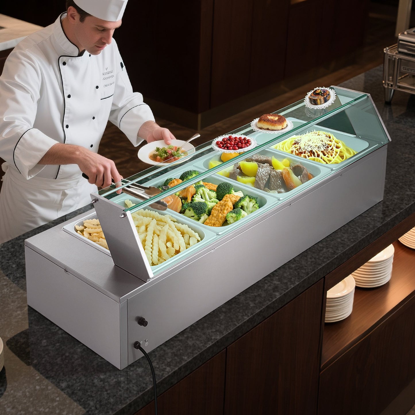 Gewerblicher Speisenwärmer, 1500 W, elektrischer Edelstahl-Dampfgarer mit Glasdeckel, 4-Behälter-Buffet-Bain-Marie für die Arbeitsplatte mit Suppenlöffeln und perforierten Schöpfkellen, für Catering, Restaurants und Partys
