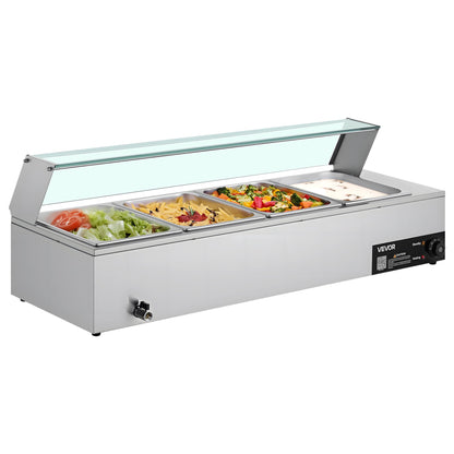 Gewerblicher Speisenwärmer, 1500 W, elektrischer Edelstahl-Dampfgarer mit Glasdeckel, 4-Behälter-Buffet-Bain-Marie für die Arbeitsplatte mit Suppenlöffeln und perforierten Schöpfkellen, für Catering, Restaurants und Partys