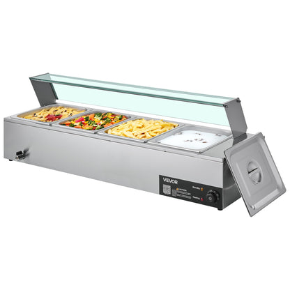 Gewerblicher Speisenwärmer, 1500 W, elektrischer Edelstahl-Dampfgarer mit Glasdeckel, 4-Behälter-Buffet-Bain-Marie für die Arbeitsplatte mit Suppenlöffeln und perforierten Schöpfkellen, für Catering, Restaurants und Partys