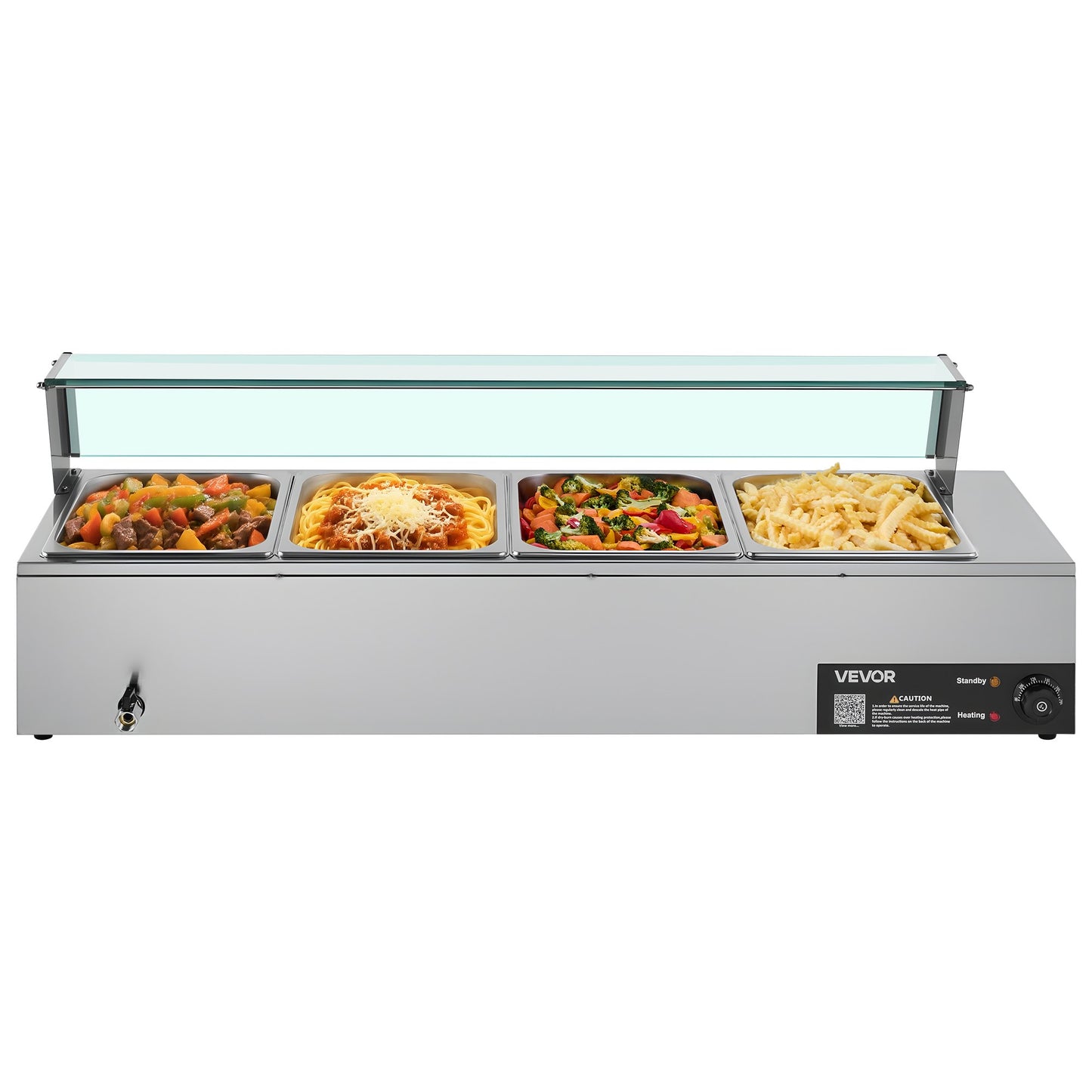 Gewerblicher Speisenwärmer, 1500 W, elektrischer Edelstahl-Dampfgarer mit Glasdeckel, 4-Behälter-Buffet-Bain-Marie für die Arbeitsplatte mit Suppenlöffeln und perforierten Schöpfkellen, für Catering, Restaurants und Partys