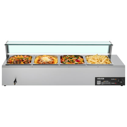 Gewerblicher Speisenwärmer, 1500 W, elektrischer Edelstahl-Dampfgarer mit Glasdeckel, 4-Behälter-Buffet-Bain-Marie für die Arbeitsplatte mit Suppenlöffeln und perforierten Schöpfkellen, für Catering, Restaurants und Partys