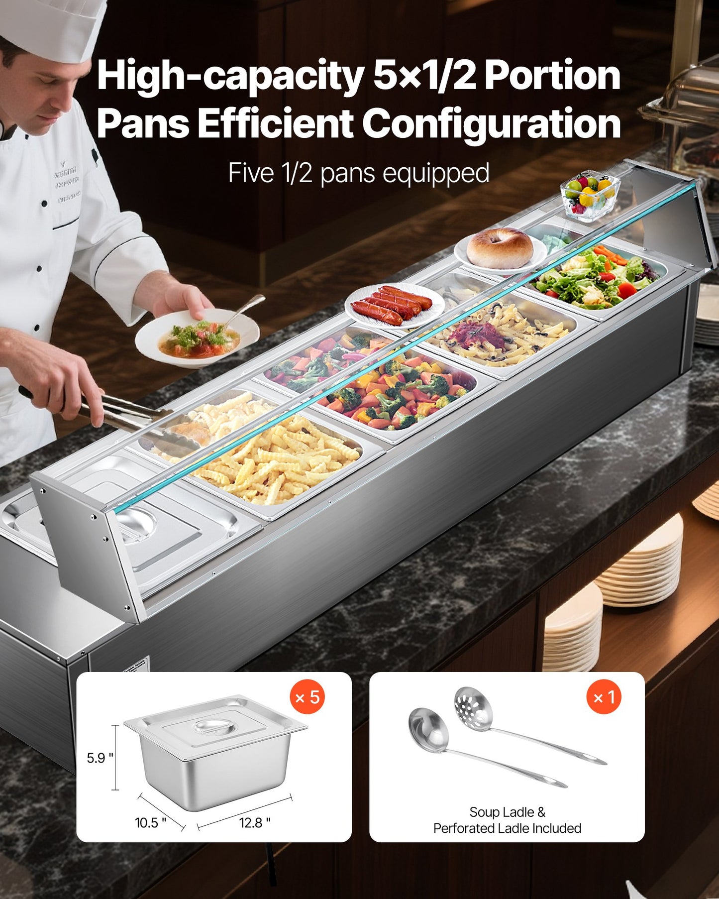 Commercial Food Warmer, 5-Pan Electric Steam Table with Glass Cover, 1500W Countertop Stainless Steel Buffet Bain Marie with 30-85°C Temp Control for Catering, Buffet, Parties, Restaurants