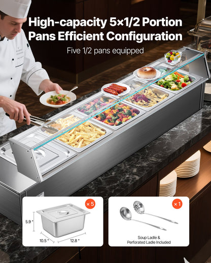Commercial Food Warmer, 5-Pan Electric Steam Table with Glass Cover, 1500W Countertop Stainless Steel Buffet Bain Marie with 30-85°C Temp Control for Catering, Buffet, Parties, Restaurants