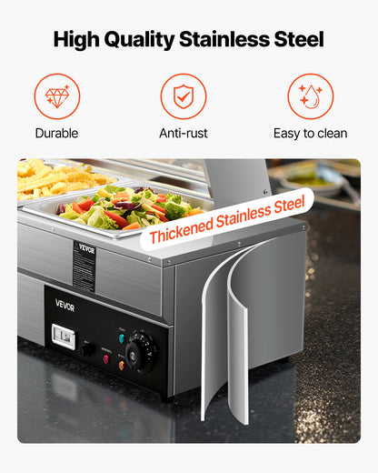 Commercial Food Warmer, 5-Pan Electric Steam Table with Glass Cover, 1500W Countertop Stainless Steel Buffet Bain Marie with 30-85°C Temp Control for Catering, Buffet, Parties, Restaurants