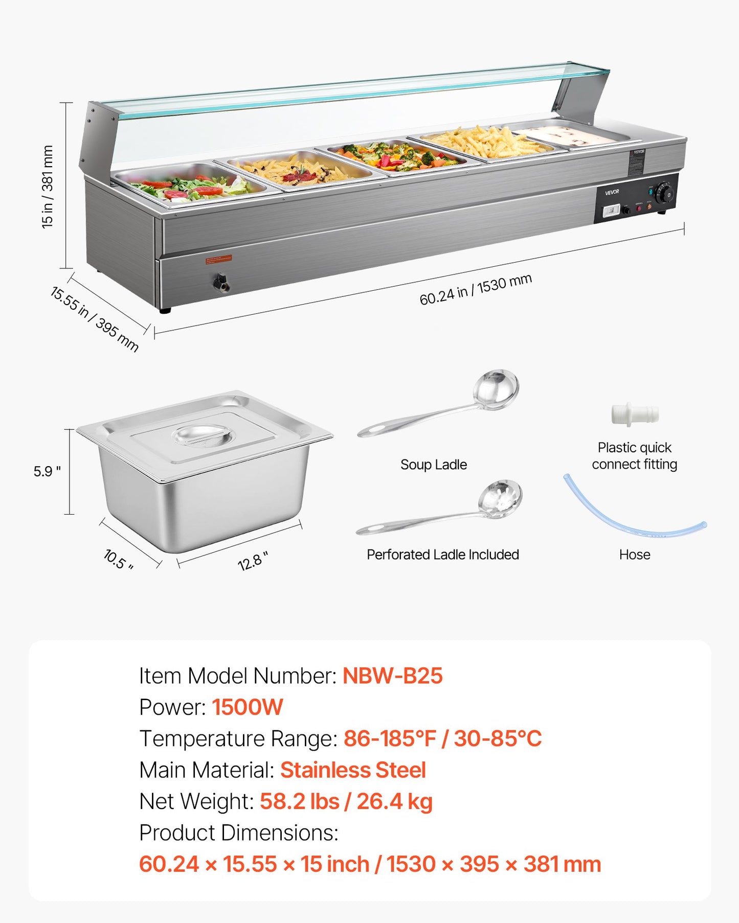 Commercial Food Warmer, 5-Pan Electric Steam Table with Glass Cover, 1500W Countertop Stainless Steel Buffet Bain Marie with 30-85°C Temp Control for Catering, Buffet, Parties, Restaurants