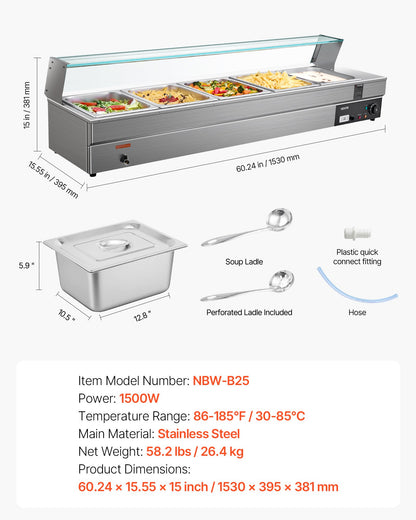 Commercial Food Warmer, 5-Pan Electric Steam Table with Glass Cover, 1500W Countertop Stainless Steel Buffet Bain Marie with 30-85°C Temp Control for Catering, Buffet, Parties, Restaurants