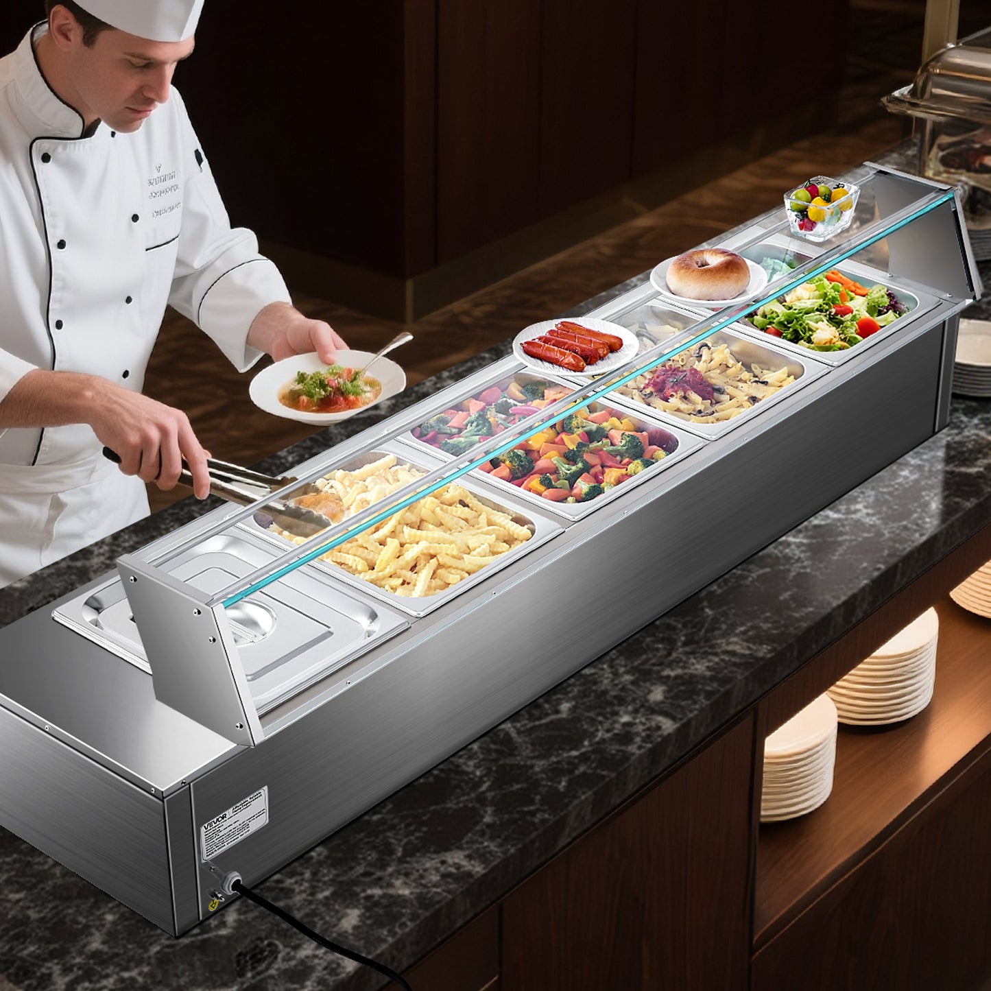 Commercial Food Warmer, 5-Pan Electric Steam Table with Glass Cover, 1500W Countertop Stainless Steel Buffet Bain Marie with 30-85°C Temp Control for Catering, Buffet, Parties, Restaurants