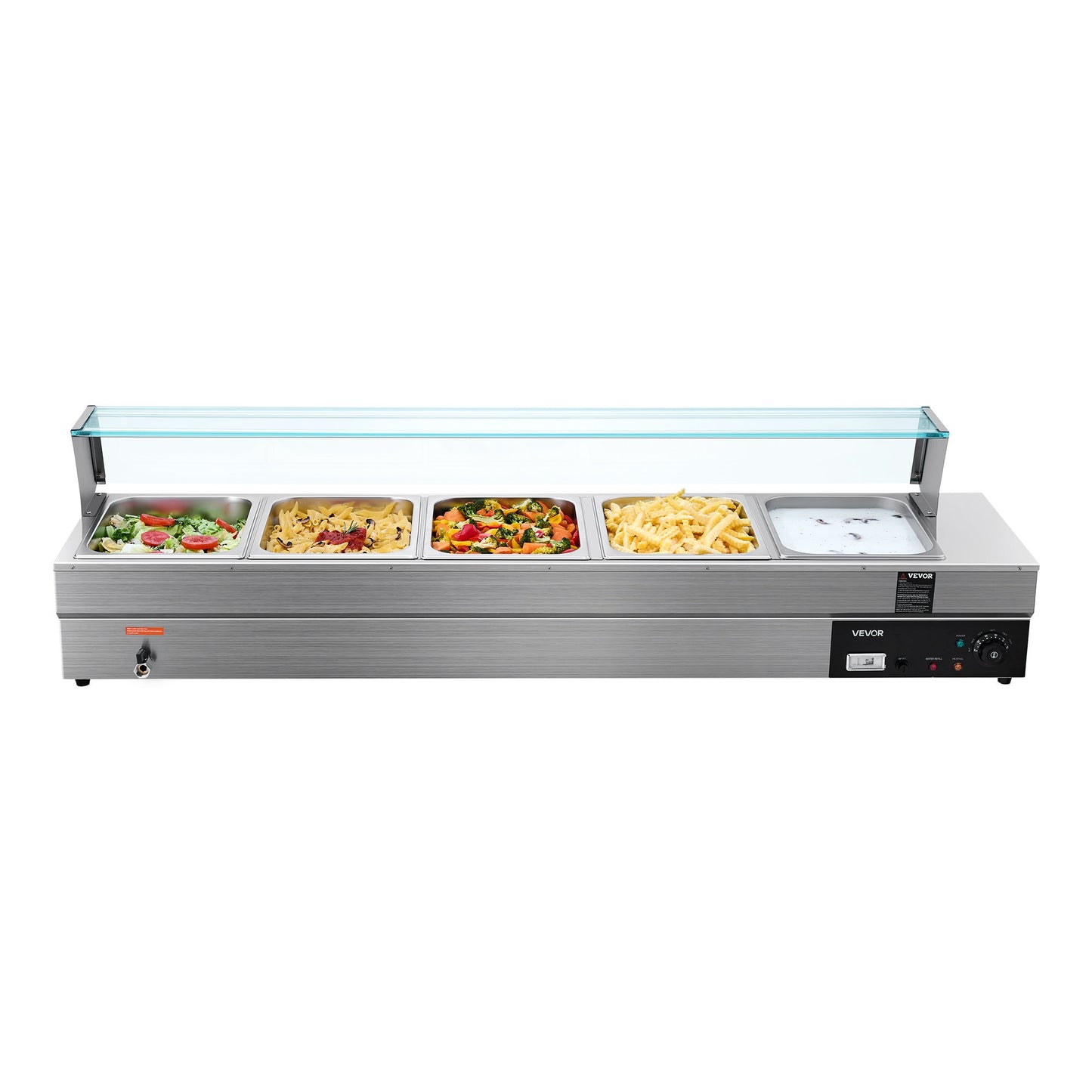 Commercial Food Warmer, 5-Pan Electric Steam Table with Glass Cover, 1500W Countertop Stainless Steel Buffet Bain Marie with 30-85°C Temp Control for Catering, Buffet, Parties, Restaurants