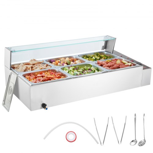 6-Pan Commercial Food Warmer, 6 x 8QT Electric Steam Table with Glass Cover, 1500W Countertop Stainless Steel Buffet Bain Marie 86-185°F Temp Control for Catering, Restaurants, Silver