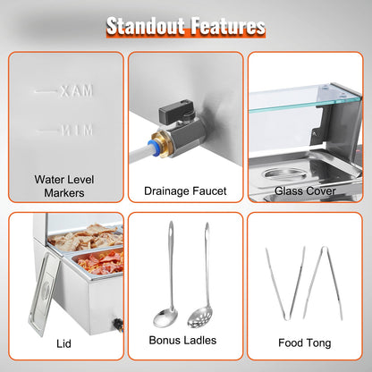 6-Pan Commercial Food Warmer, 6 x 8QT Electric Steam Table with Glass Cover, 1500W Countertop Stainless Steel Buffet Bain Marie 86-185°F Temp Control for Catering, Restaurants, Silver