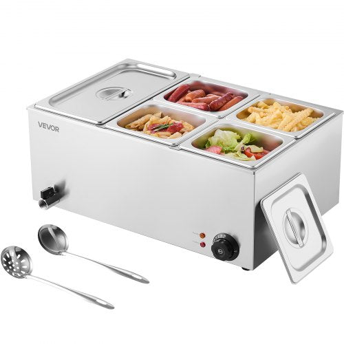 Commercial Food Warmer, 5-Pan Electric Steam Table, 1200W Professional Countertop Stainless Steel Buffet Bain Marie with 30-85°C Temp Control for Catering, Buffet, Parties, Restaurants