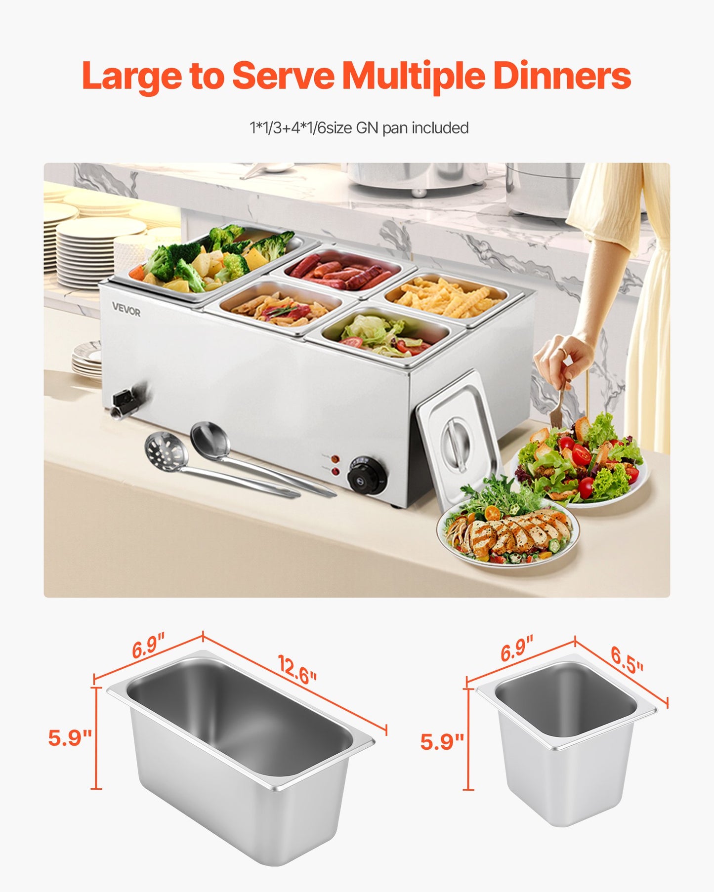Commercial Food Warmer, 5-Pan Electric Steam Table, 1200W Professional Countertop Stainless Steel Buffet Bain Marie with 30-85°C Temp Control for Catering, Buffet, Parties, Restaurants