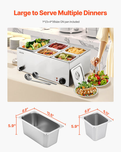 Commercial Food Warmer, 5-Pan Electric Steam Table, 1200W Professional Countertop Stainless Steel Buffet Bain Marie with 30-85°C Temp Control for Catering, Buffet, Parties, Restaurants