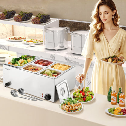 Commercial Food Warmer, 5-Pan Electric Steam Table, 1200W Professional Countertop Stainless Steel Buffet Bain Marie with 30-85°C Temp Control for Catering, Buffet, Parties, Restaurants