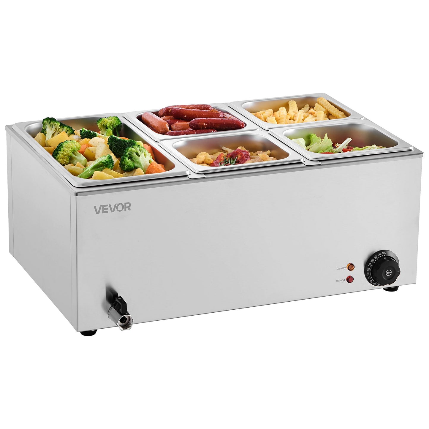 Commercial Food Warmer, 5-Pan Electric Steam Table, 1200W Professional Countertop Stainless Steel Buffet Bain Marie with 30-85°C Temp Control for Catering, Buffet, Parties, Restaurants