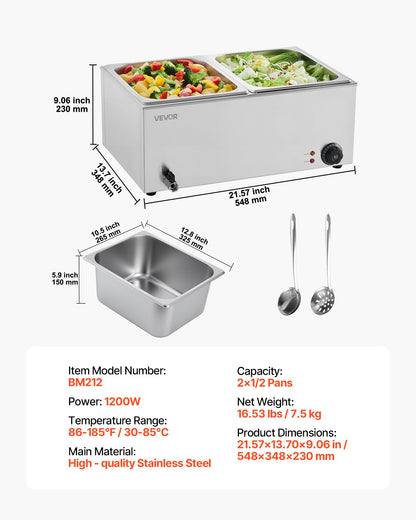 Commercial Food Warmer, 2-Pan Electric Steam Table, 1200W Professional Countertop Stainless Steel Buffet Bain Marie with 30-85°C Temp Control for Catering, Buffet, Parties, Restaurants