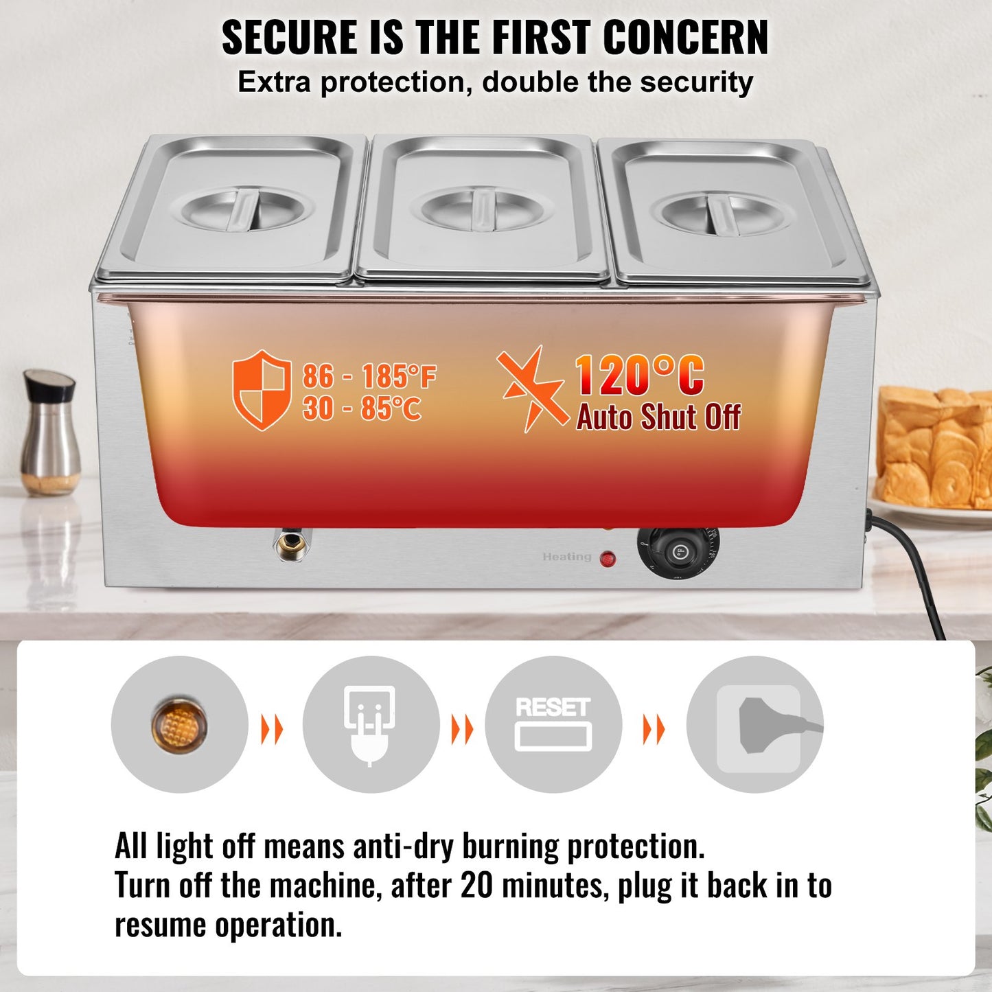 3-Pan Commercial Food Warmer, 16.5L Electric Steam Table, 1200W Professional Countertop Stainless Steel Buffet Bain Marie with 86-185°F Temp Control for Catering and Restaurants, Silver