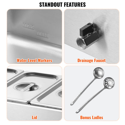 3-Pan Commercial Food Warmer, 16.5L Electric Steam Table, 1200W Professional Countertop Stainless Steel Buffet Bain Marie with 86-185°F Temp Control for Catering and Restaurants, Silver